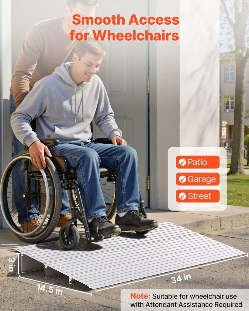 Door Threshold Ramp, 87 Mm Rise, Aluminum Alloy Threshold Ramp Rated 363 Kg Load Capacity, Handicap Ramps for Home Steps for Wheelchair, Scooters,