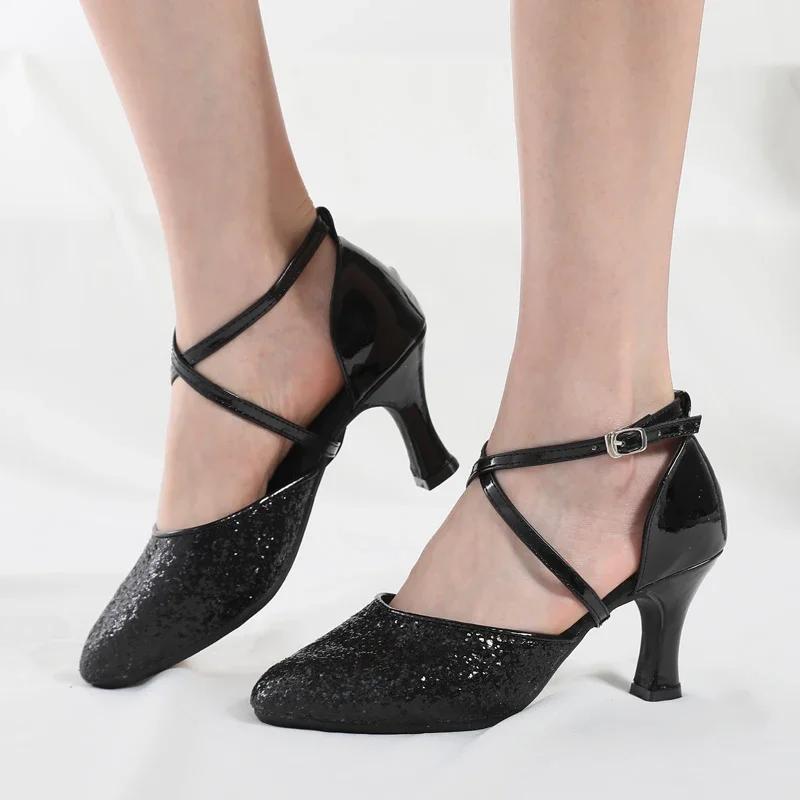 New Sequin 4Colors Red Black Gold Silver Women Ballroom Tango Salsa Latin Dance Shoes / Cheap Closed Toe Salsa Shoes Soft Sole