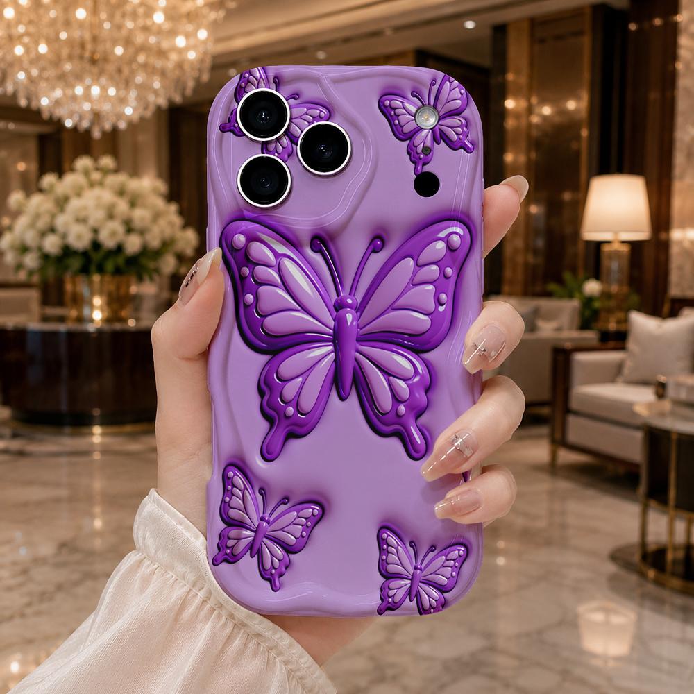 Gradient Purple Butterfly Phone Case for iPhone 16 15 14 Pro Max 13 12 11 Mini XR XS SE Wavy Edge Soft Cover