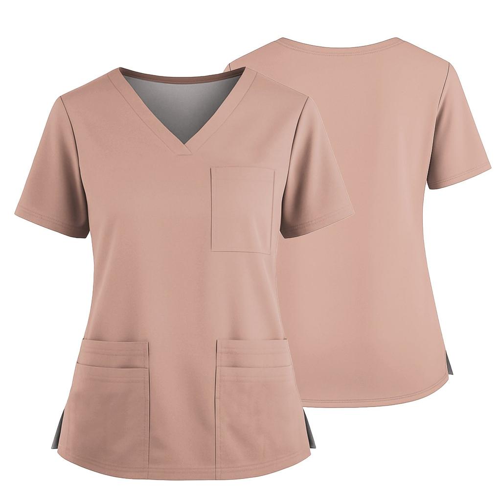 Women's Uniform Solid Color V-Neck Pocket Side Slit Uniform Short Sleeved Top Top