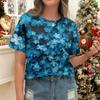 Summer Round Neck 3D Blue Flower Print Top Fashionable Casual Short Sleeved Women's T-shirts