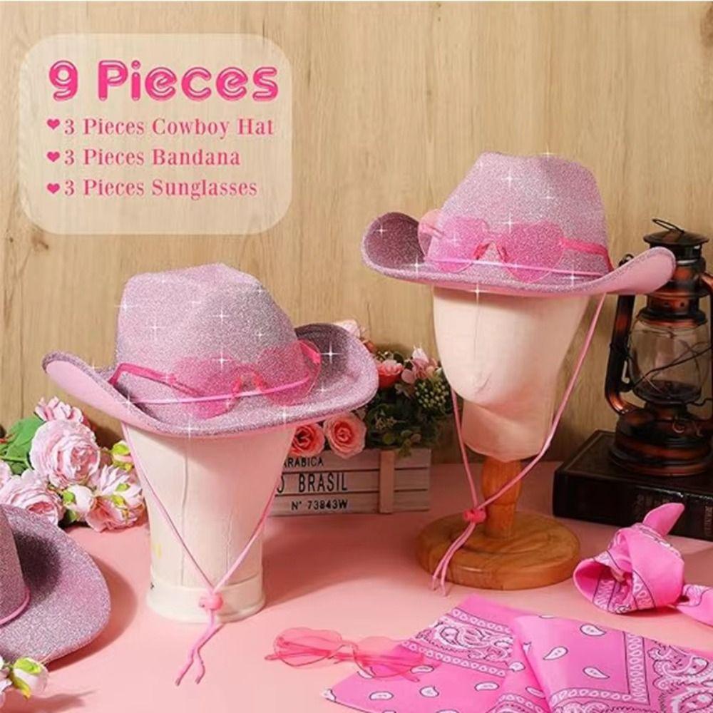 3pcs/Set Wide Brim Sparkling Powder Denim Hat Bandana Pink Cowboy Hat  Costume Party