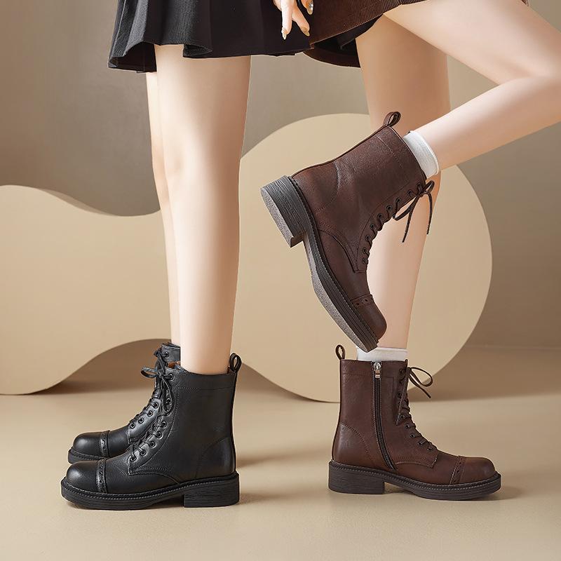 Augustine Martin Boots Women's 2025 New Spring and Autumn Retro British Style Thick-soled Black Knight Short Boots with Skirt