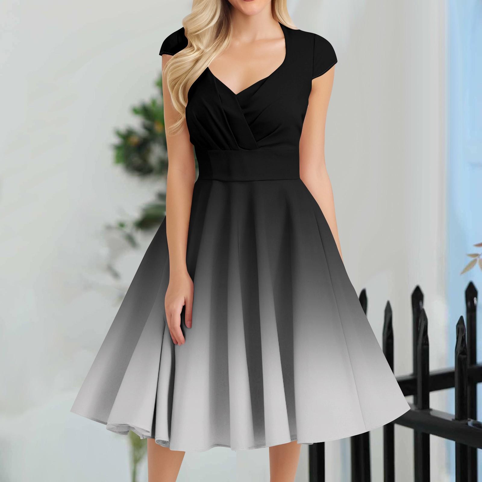 Sleeveless V Neck Gradient Print Midi Dress for Women Casual Fashion Summer Dress Flared Skirt Elegant Fit and Flare Design M чёрный