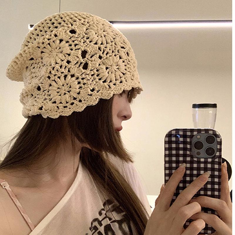 Women'S Solid Color Crochet Hollow Knitted Hat Summer  Vintage Beanie