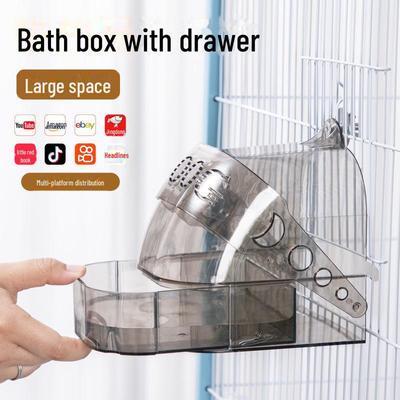 Extra-Large Transparent Budgie Bird Bath Tub with Drawer - Bird Cage Accessory