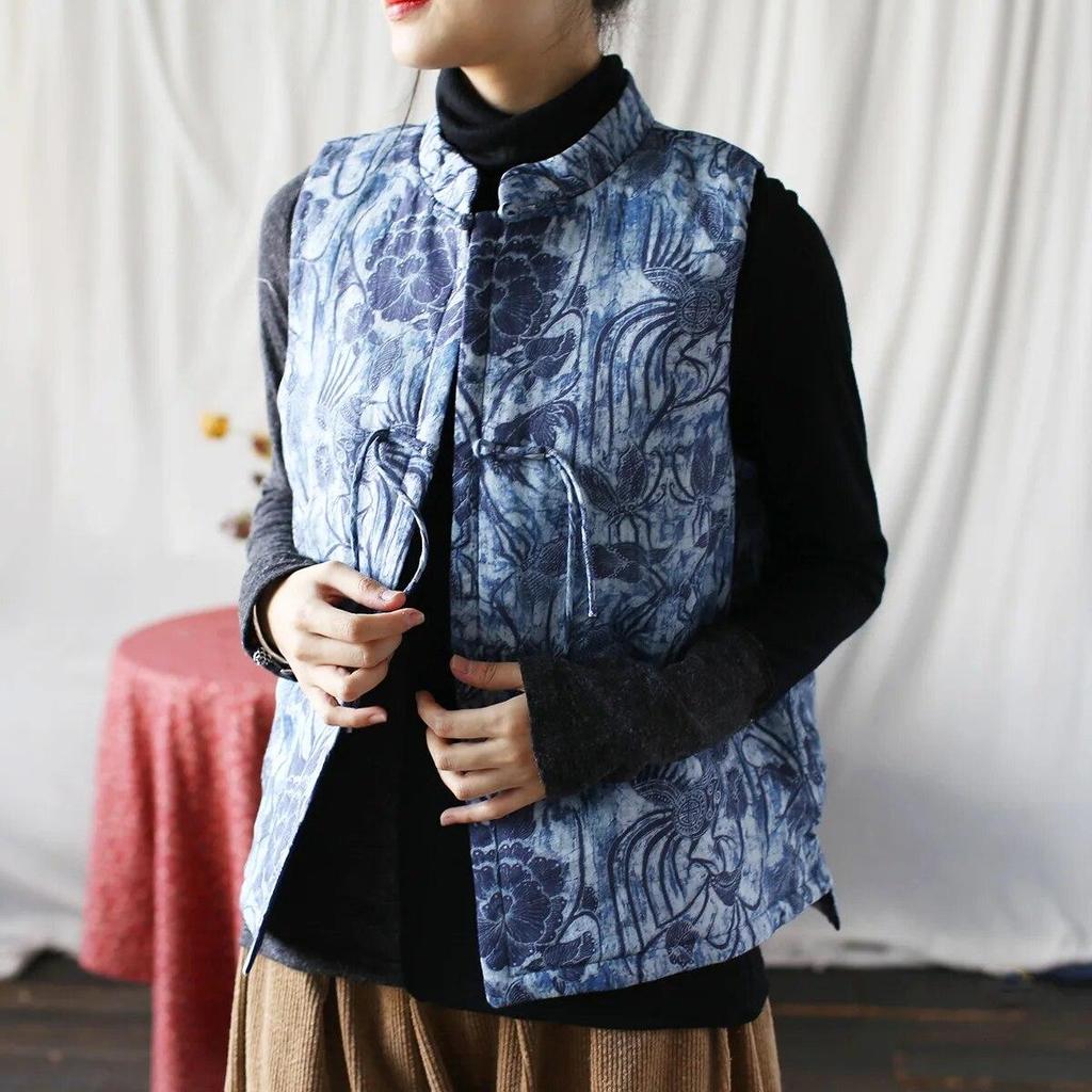 Johnature Gilet da donna vintage con bottoni cappotti con stampa floreale e vestiti in cotone Gilet da donna in stile cinese primaverile