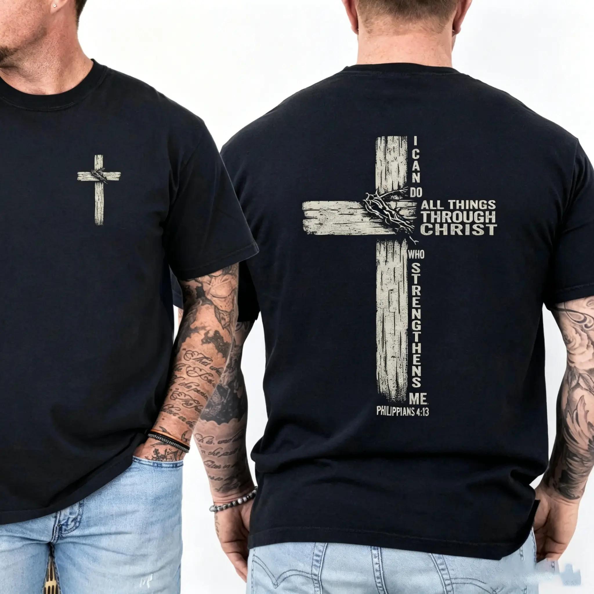 Double Sided Faith Quote Washed T-Shirt – Philippians 4:13 Christian Cross Graphic Tee XL