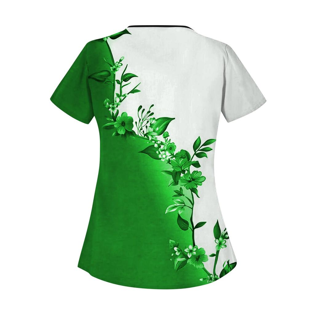 Dámské neformální pracovní oblečení s květinovým potiskem, krátký rukáv, šikmý límec, s dvojitými kapsami