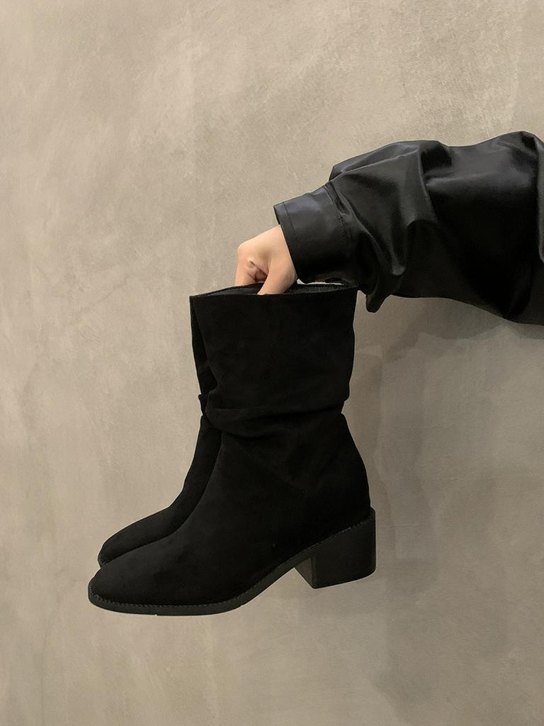 Retro Stacking Boots Women's Summer and Autumn 2025 New Thin Khaki Martin Boots Thick Heel Photo Cowboy Short Boots Women