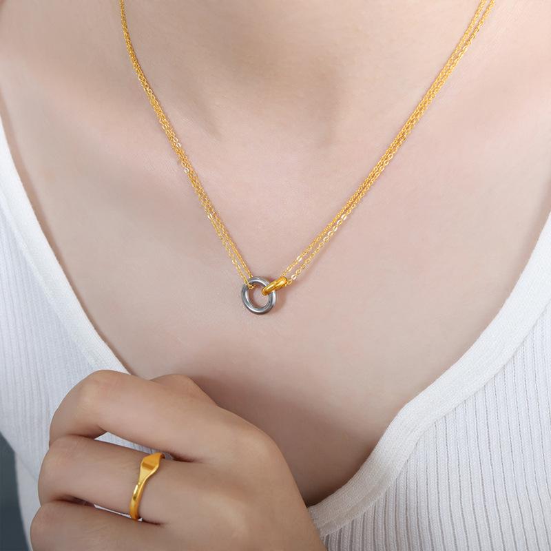 Personalized And Creative Double Ring Light Luxury Titanium Steel Does Not Fade Girls Simple Neck Chain Titanium Steel Jewelry Pendant Necklace