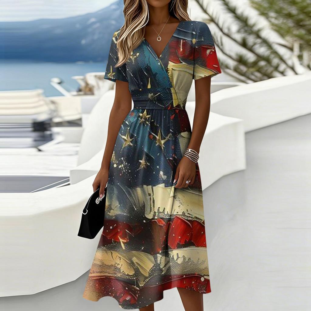 Women's Independence Day Print Casual Fashion Short Sleeve V-Neck Dress
