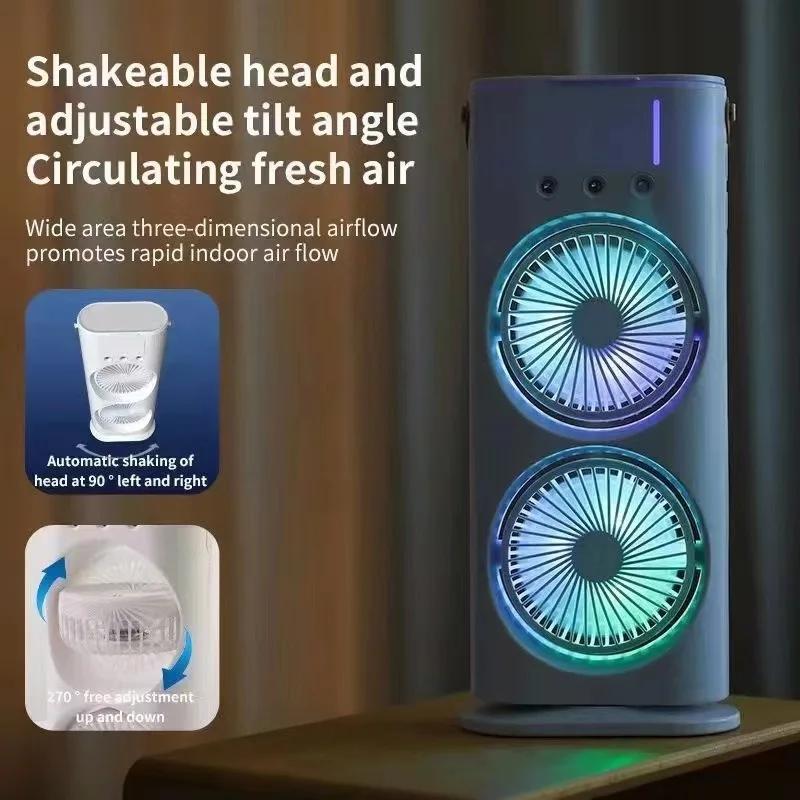 Double-Headed Spray Air Conditioner Fan 3 Speeds Rechargeable/USB Desk Air Cooler Mini Electric Fan With Light
