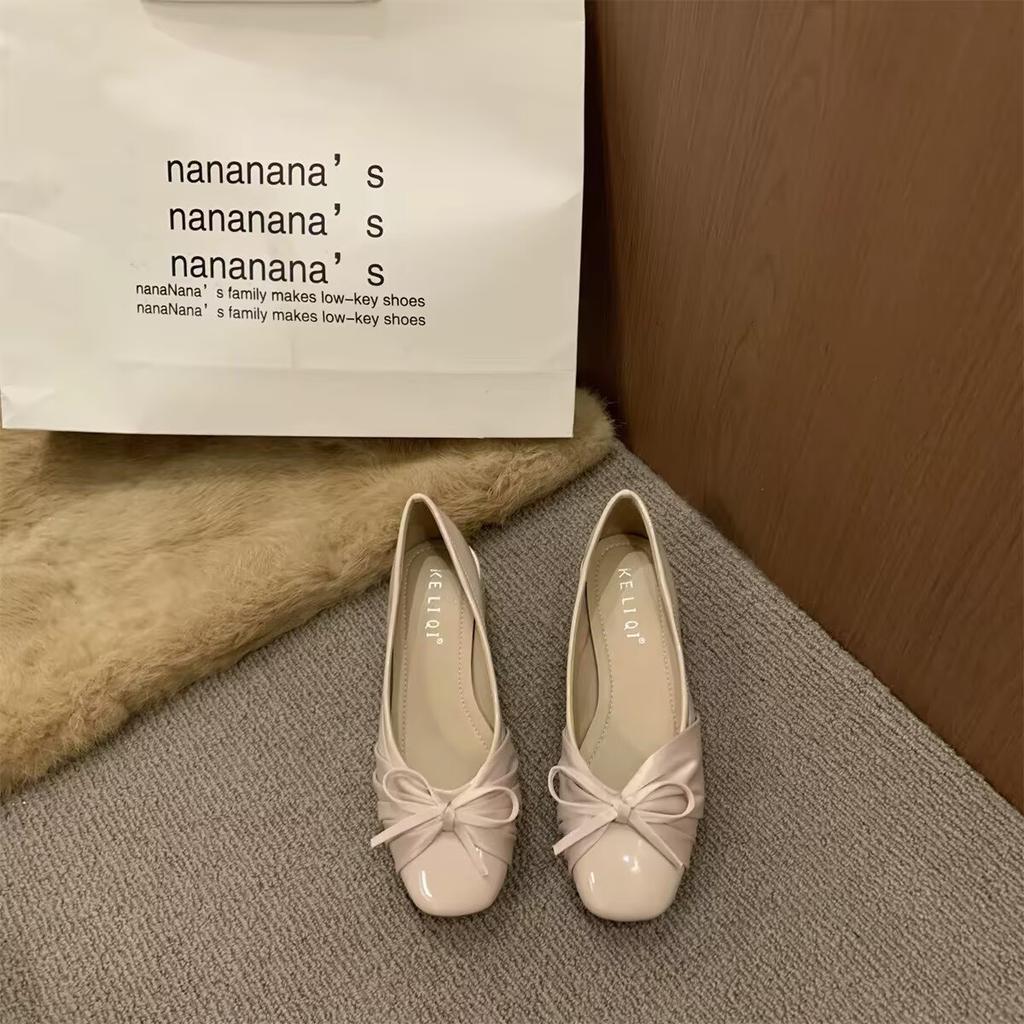 French polka dot bow thick heel single shoes women's summer new light mouth square head small leather shoes