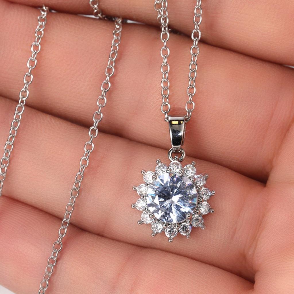 Big Center Round Stone Sunflower Halo Pendant Women Classic Cable Chain Clavicle Necklace