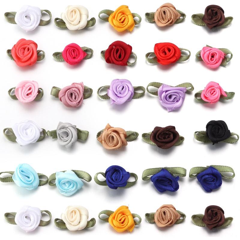 50 peças 1,5x2,5cm Mini Flor de Rosa Fita de Cetim de Poliéster Rosetas Apliques de Tecido Para Casamento Festa Roupa Costura Decoração