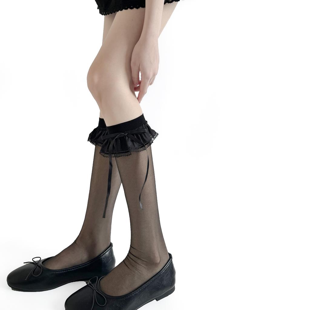 Lace Trim Summer Thin Mid-Calf Stockings Japanese Sweet Lolita Bow Ribbon Cute Dress Accessory Girls Stockings
