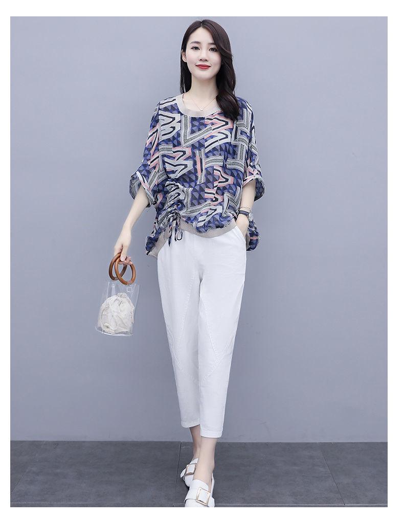 2025 Damen Übergröße Lässig Stilvoll Zweiteilig: Fünf-Ärmel Print T-Shirt & Neun-Punkte-Hose Set