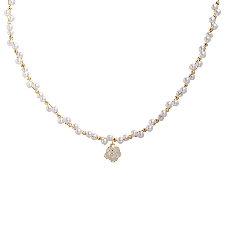 Dodder Elegantní náhrdelník z umělých perel pro ženy Twist Chain Camellia Přívěsek Náhrdelníky Příslušenství Šperky
