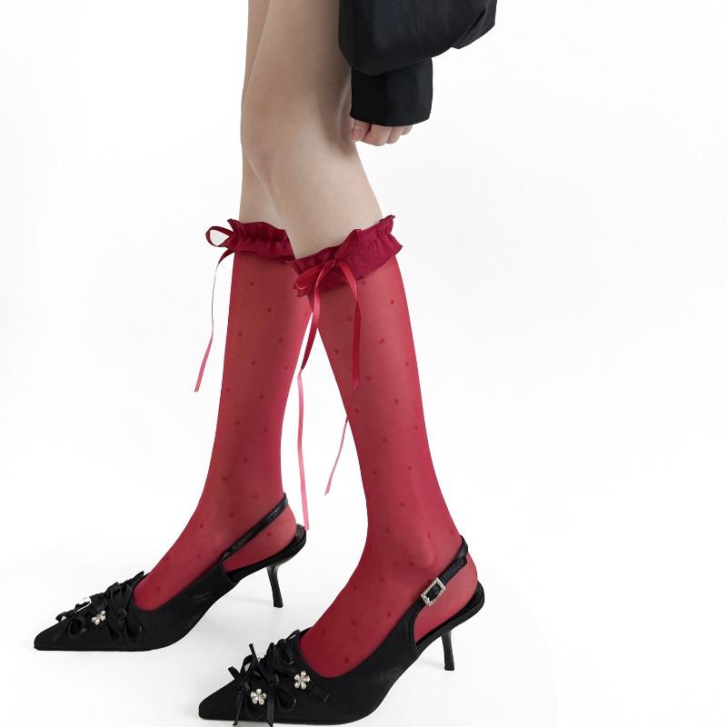 Summer Ultra-thin Transparent Long Socks Stockings Bandage Bow JK Girls Knee Socks Polka Dot Lolita Ruffle Socks Women Stockings