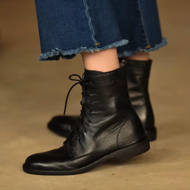 New Ladies Uniform Leather Boots Black Versatile Women's Causal Ankle Boots School Performance Woman Fashion Boots Simple