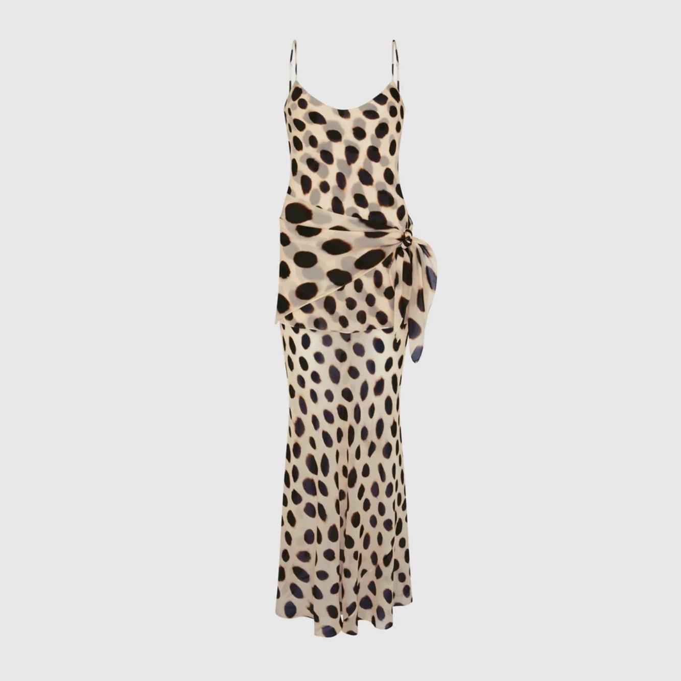 Women Spaghetti Strap Maxi Dress Leopard Print Side Knot High Slit Bodycon Vacation Dress S