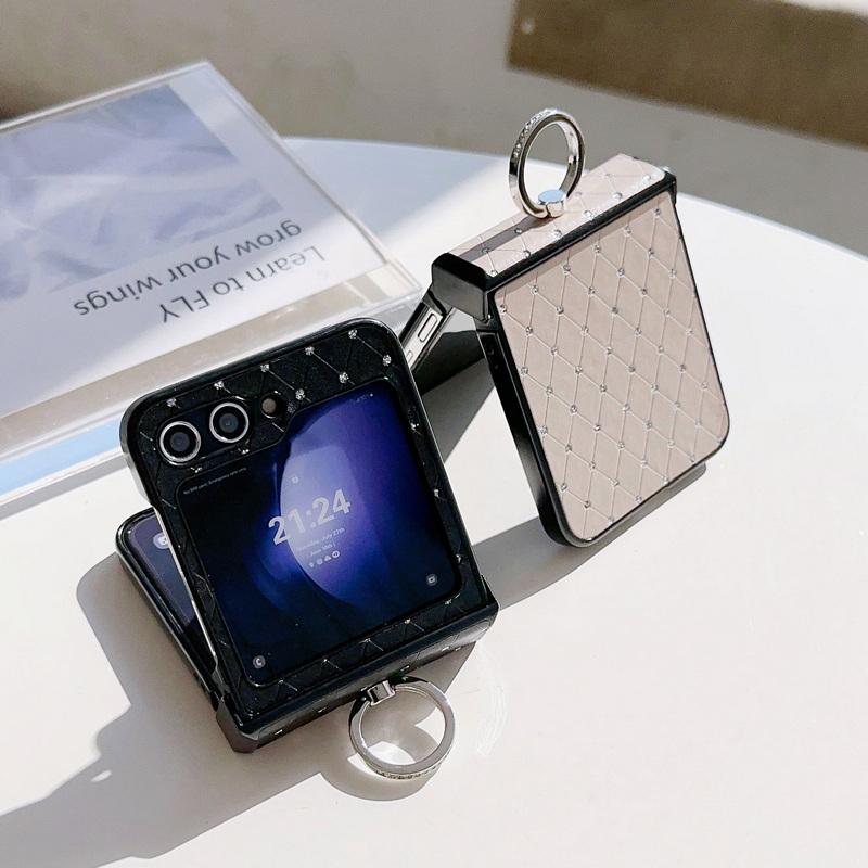 Luxury Leather 3pcs Folding Case For Samsung Galaxy Z Flip6 Flip5 Flip4 Flip3 Diamond Shockproof PC Ring Holder 3pcs Folding Cover