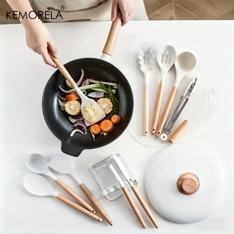 12PCS Silicone Kitchen Utensil Set with Wooden Handles Include Spatula, Spoon, Whisk, Whisking Pad, Heat Resistant, Durable