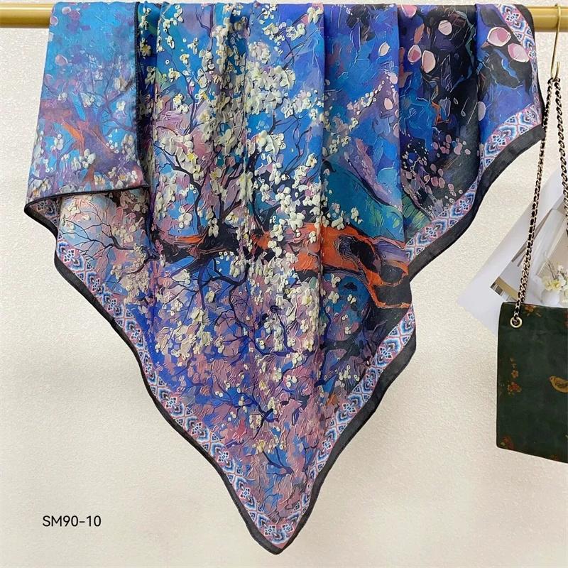 Double-Sided Faux Silk And Wool Printed Scarf For Women Spring And Autumn 90Cm Square Scarf Foulard Bandana Femmel Headscarf