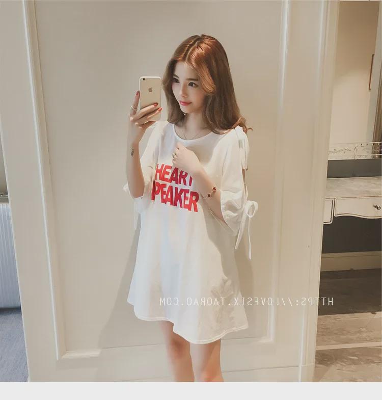2024 Korean Style Off-Shoulder Bowknot Print Mid-Length T-shirt Dress with Five-Point Sleeves.