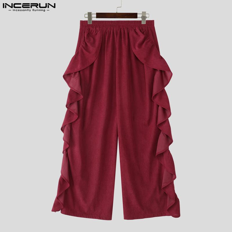 INCERUN Autumn Men Casual Loose Zip-up Elastic Waist Ruffled Wide Legs Pants Trousers