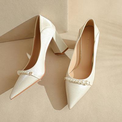 2024 New High Heels Shoes Women Spring New Korean Version Pearl Pointed Toe Women's Shoes Chunky Heels Pumps Zapatillas Mujer