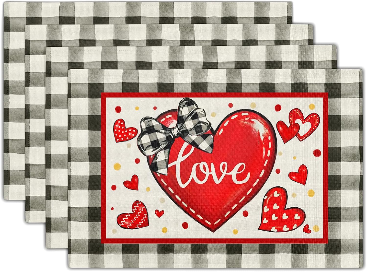 

Valentine s Day Placemats Set of 6 18x12 Inch Love Heart Buffalo Plaid Linen Place Mat Wipeable Galentines Table Mat 6PCS