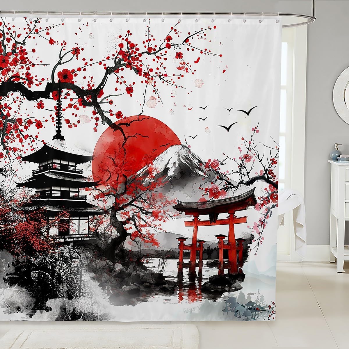 Annier Boys Japanese-Style Shower Curtain For Bathroom Decor Kids Cherry Blossoms Building Bath Curtain For Girls Sunset Fuji Mountain