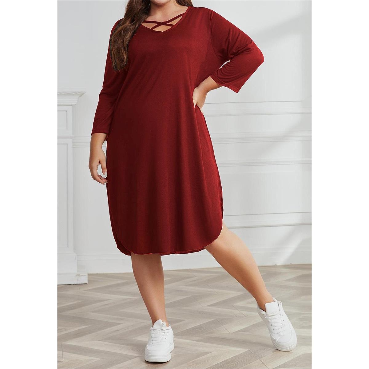 Women s Plus Size Dress Long-sleeved V-neck Casual Loose Knee-length Dress XL бордовый