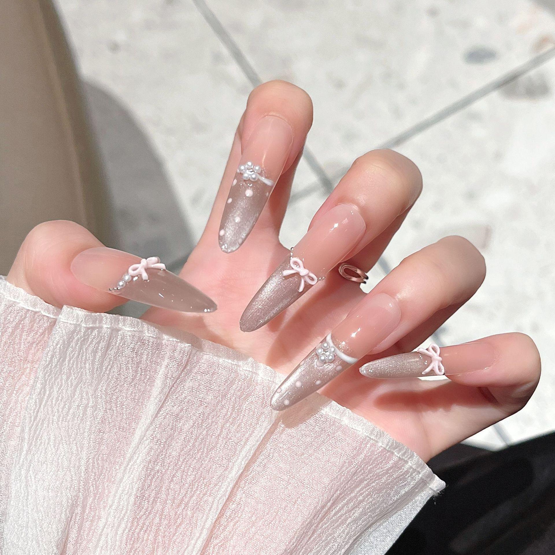 Elegant Bow & Polka Dot French Sparkle False Nails - Long & Slim Design Bagged M