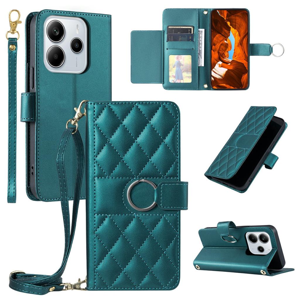 For Xiaomi Redmi Note 14 4G (163.25mm) Crossbody Leather Case Ring Buckle Wallet Stand Rhombus Mobile Cover