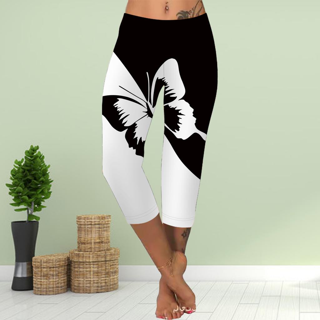 Hosen Sommer Kurze Leggings Gekürzte Röhrenhose Übergröße Leggins Damen Schlanke Hose mit 3D-Schmetterlingsdruck in Schwarz