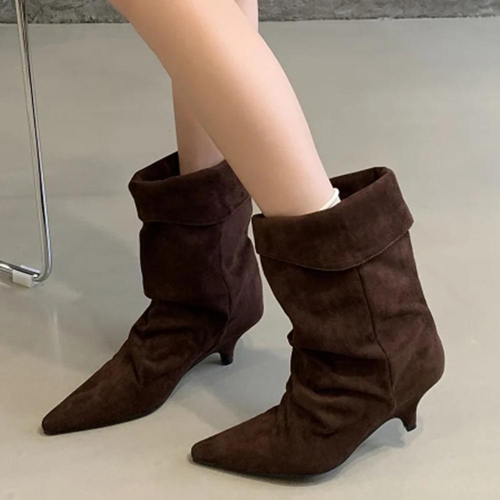 Stivaletti da Donna Vintage Punta Sottile Tacco Basso Scarpe Autunno Inverno Stivaletti Corti