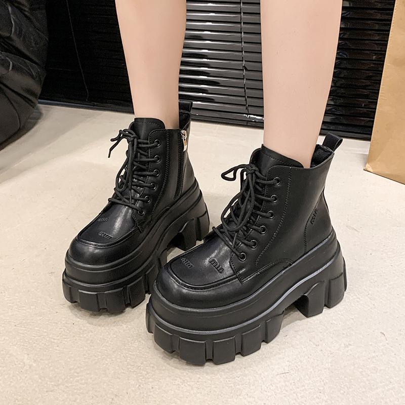 Móda 2025 Nové 9CM Vysoké Platformové Kotníkové Boty Dámské Bojové Motocyklové Boty Punk Kožené Boty Žena Silná Podrážka Teplá Kožešina Sněhové Boty