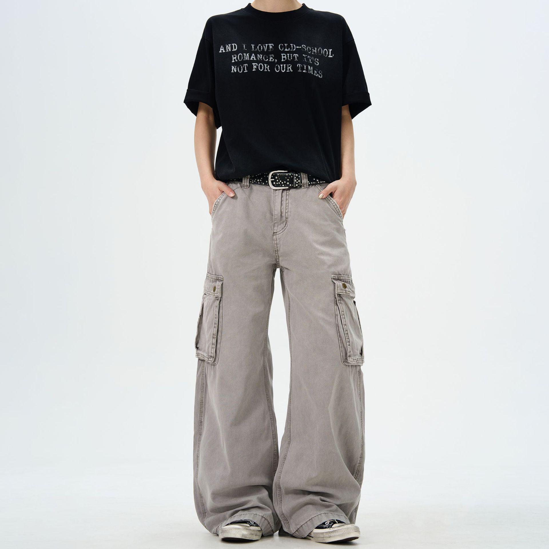 

Унисекс Винтажные Тяжелые Рабочие Брюки с Множеством Карманов - Свободный Прямой Крой, Длина до Пола M серый