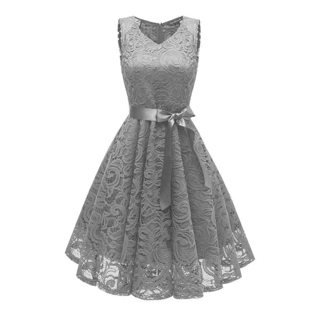 Women Vintage Princess Floral Lace Cocktail V-Neck Party Aline Swing Dress