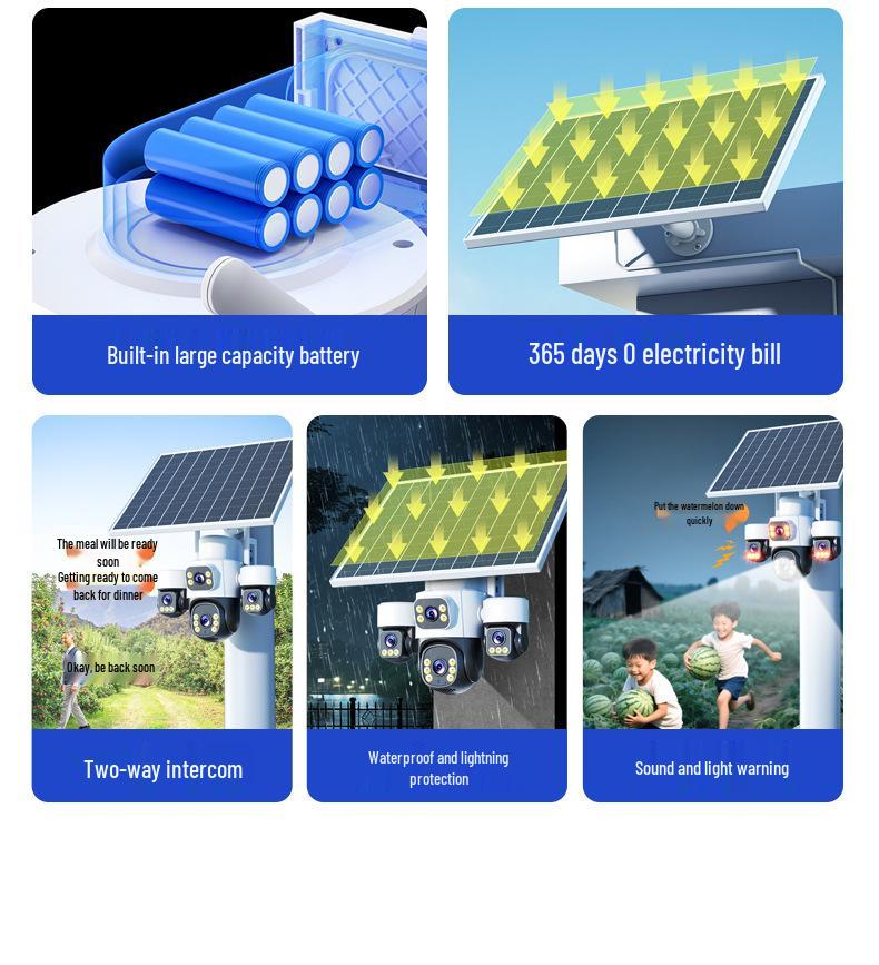 Triple Lens 4G Outdoor Camera: 360° Wide-Angle, Night Vision, Voice Intercom, Solar-Powered, Waterproof Monitoring