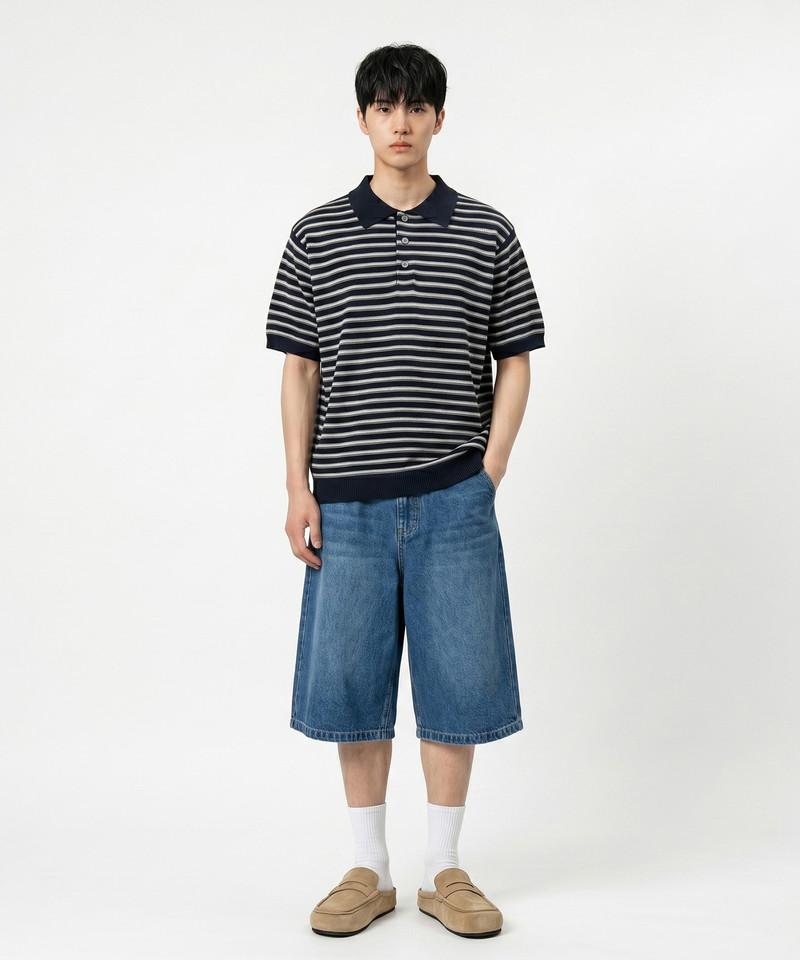 UNDEROFF Striped Crop Half Knit Navy