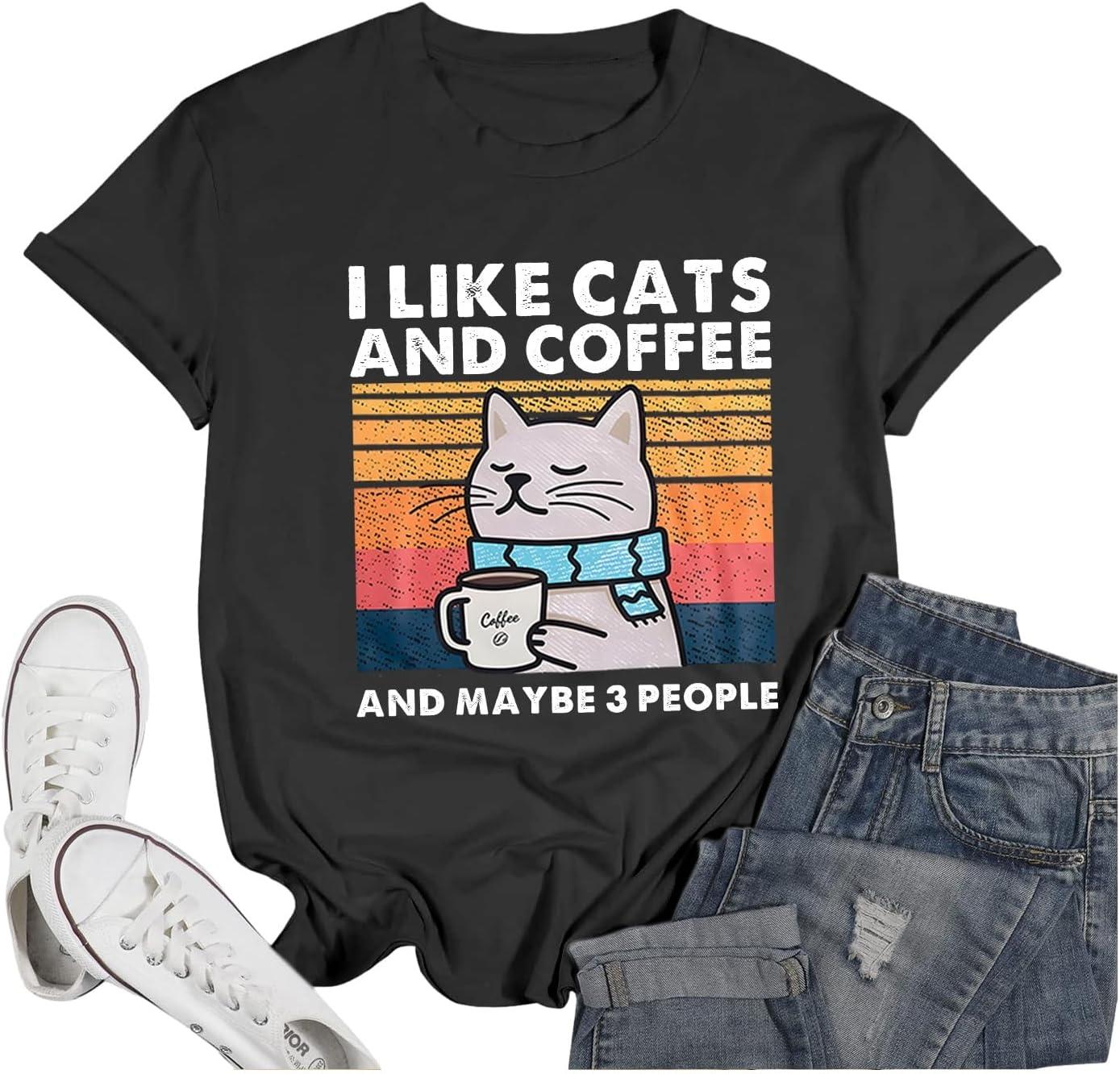 Weiyuqi Cat Shirt Vintage Cat Lover Shirts Graphic T-Shirt I Like Cats and Coffee and Maybe 3 People Coffee Lover Tee Tops S