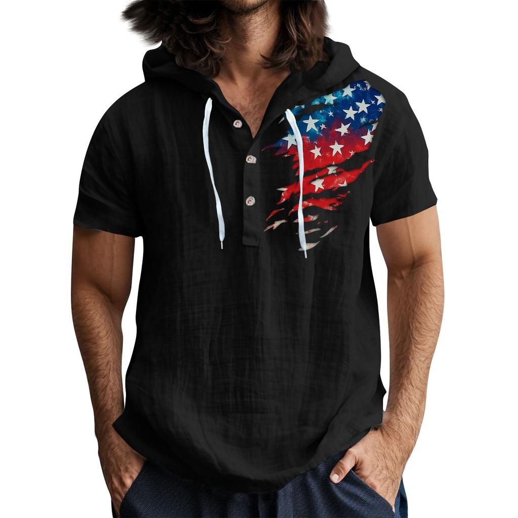 Tricou casual pentru bărbați, cu mânecă scurtă, glugă și nasturi, guler deschis