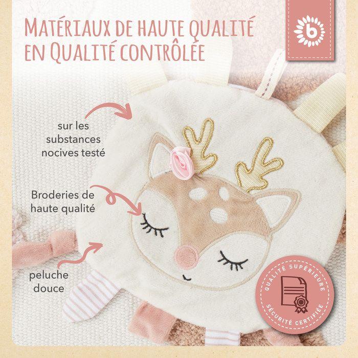 Bieco doudou cerf - doudou pour bébé avec effet froissé - jouet de préhension pour bébé doudou avec jouet à saisir doudou bebe