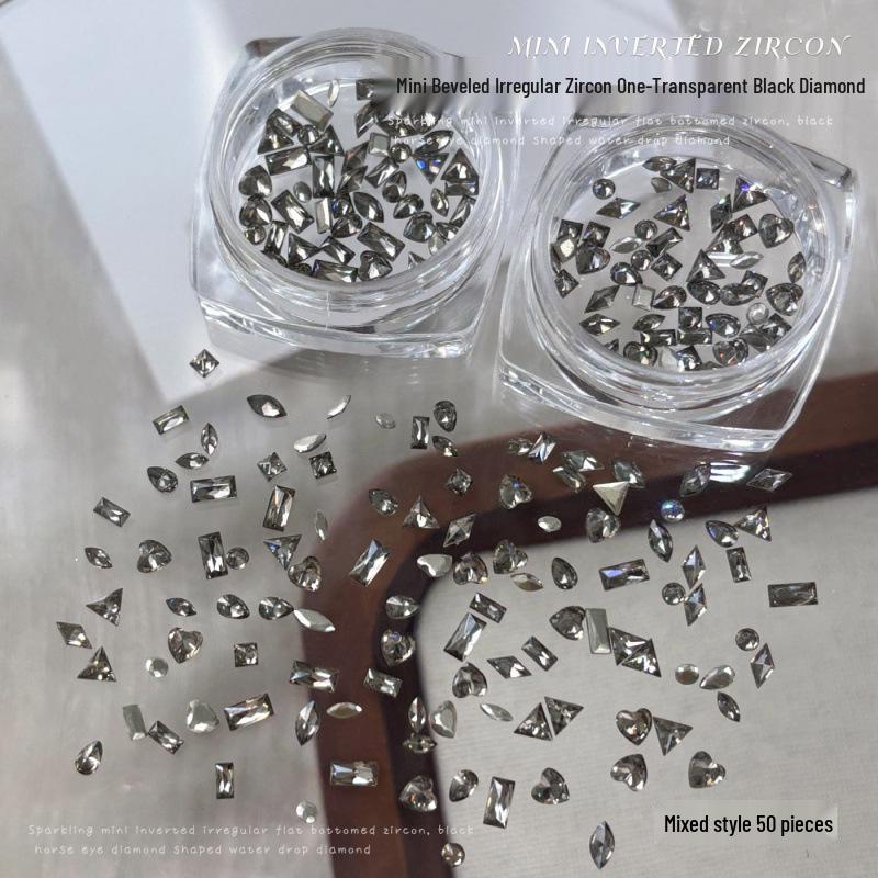 Black Transparent Mini Zirconia Nail Art Decorations: Sparkly Flat-Back Marquise, Rhombus, Heart, Irregular Rhinestones Assortment