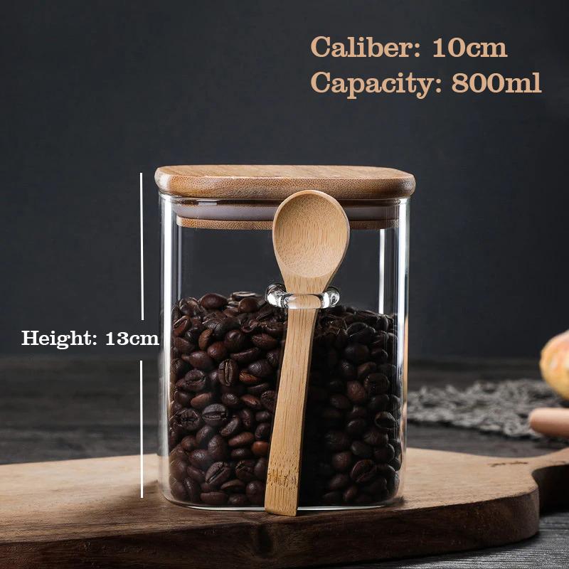 800/1000/1200ML Large Capacity Square Sealed Glass Jar with Spoon Seasoning Coffee Bean Storage Jar Home Sealed Storage Tanks