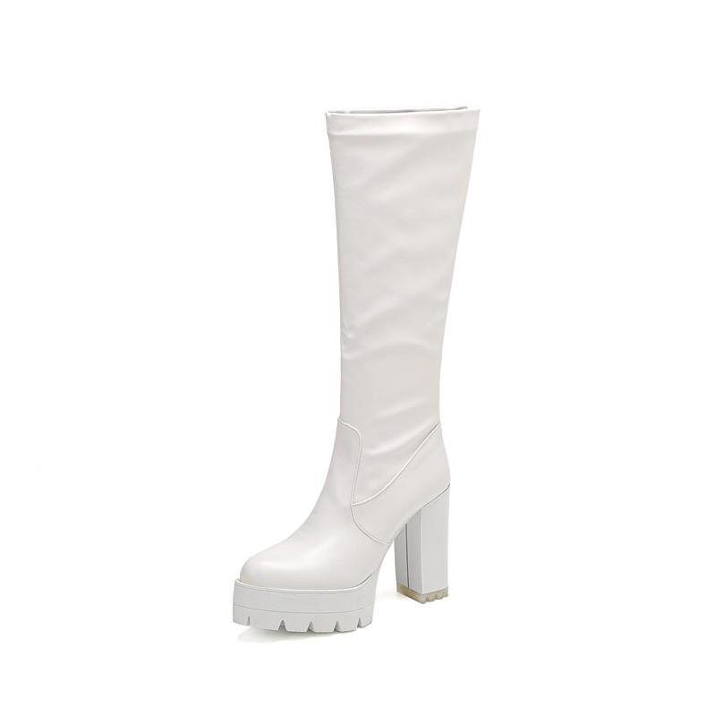 Women's high-heeled boots autumn and winter new waterproof table thick-heeled large-size solid-color medium boots